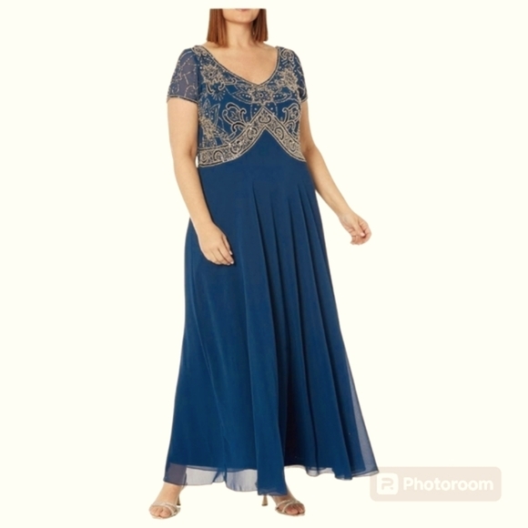J Kara Women's Cap Sleeve V-Neck Empire Waist Beaded Dress Size 16 NWT - Picture 1 of 9